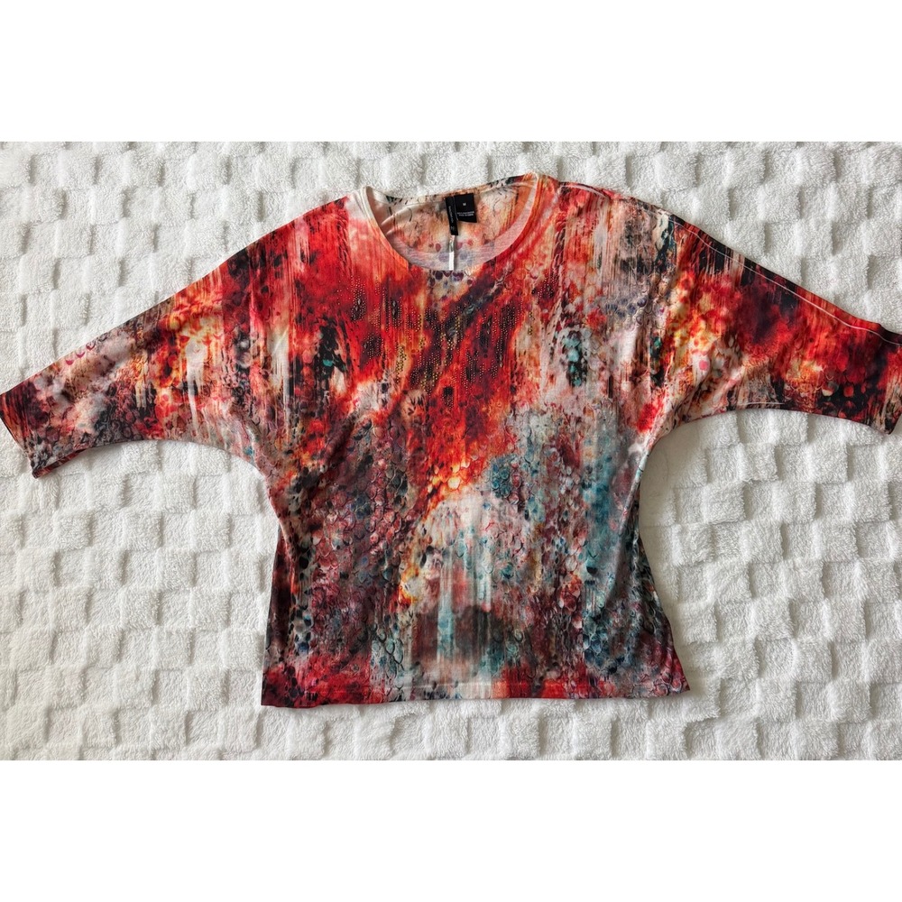 New Directions Womens Batwing Studded Abstract Top Orange/Teal/Red-EUC Sz M - Picture 2 of 11